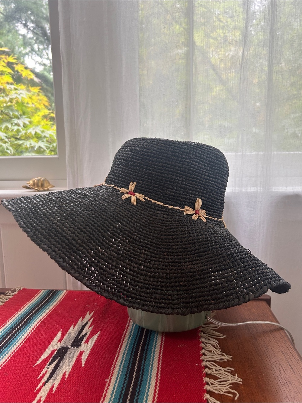 Anthropologie Black Wide-Brim Straw Sun Hat with Braided Accent Size L